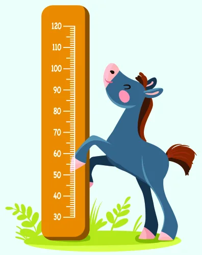Illustration of a blue horse with pink and brown markings rearing up beside a tall orange thermometer-style height chart with measurement markings, surrounded by green grass and leafy plants.