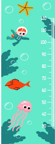 A turquoise height chart featuring cartoon-style sea creatures including a starfish, jellyfish, fish and coral, with a numbered measurement scale from 60 to 120 centimetres.