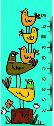 A colourful height chart featuring four stacked illustrated birds in yellow and brown tones against a bright turquoise background, with measurement markings from 30 to 120.