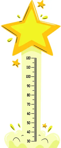 A tall golden star with a smaller star beside it sits above a measurement scale numbered from 30 to 120, with two smiling clouds at the base.