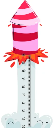 A colourful illustrated rocket ship with pink and red stripes and an orange flame base, mounted above a vertical measurement scale marked from 30 to 110 centimetres, floating above white clouds.