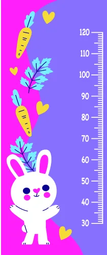 A white cartoon bunny with a simple smiling face stands at the bottom of a colourful height measurement chart decorated with yellow pencils, green leaves, and scattered yellow and pink hearts against a bright purple background.