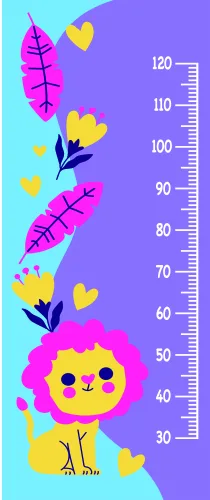 A height measurement chart from 60 to 120 centimetres with a smiling sun character at the base surrounded by pink segmented leaves and yellow flowers against a purple and turquoise background.