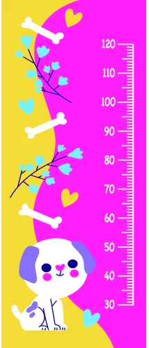 A cartoon white cat with a happy expression stands beside a numbered height ruler, surrounded by colourful confetti shapes on a pink and yellow background.
