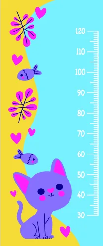 A bright height chart with a purple cat at the bottom surrounded by magenta flowers with black centres and pink hearts on a yellow and cyan background.