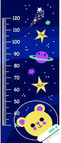 A height chart showing a smiling yellow bear astronaut floating in space surrounded by stars, planets, and a scale marked from 40 to 120 centimetres against a dark blue background.
