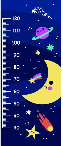 A height chart featuring a yellow crescent moon with a sleeping face, a pink and green planet, a red rocket, golden and pastel stars, and a measurement scale from 30 to 120 centimetres against a navy blue background.