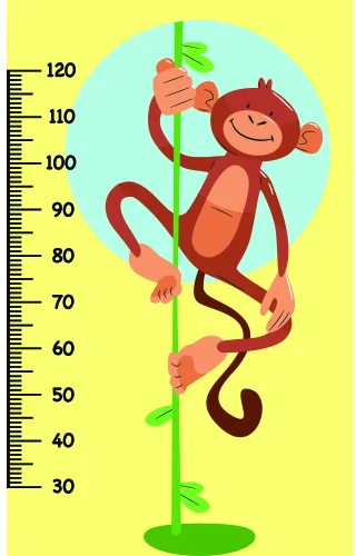 A cartoon red monkey with an orange belly climbs a curved green vine against a yellow background, with a height measurement scale marked from 30 to 120 centimetres on the left side.