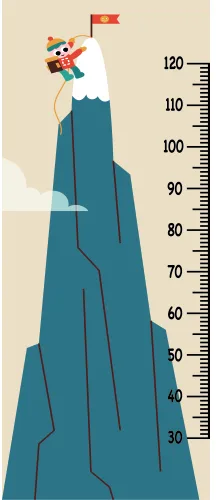 A illustrated child figure climbing a teal mountain with a measurement scale marked from 30 to 120 centimetres, holding a red flag at the summit.
