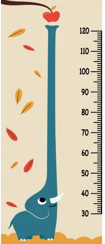 Illustration of a teal elephant holding a red apple on its trunk, surrounded by falling autumn leaves, with a height measurement scale from 30 to 120 cm marked on the right side.