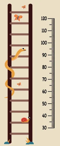 A wooden ladder with a climbing child figure and various illustrated animals positioned on the rungs, with height measurements marked from 30 to 120 centimetres along the right side.
