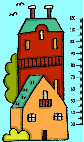 A height chart showing stacked colourful houses in red, orange and yellow against a blue sky, with measurement marks from 30 to 120 centimetres and small birds flying above.