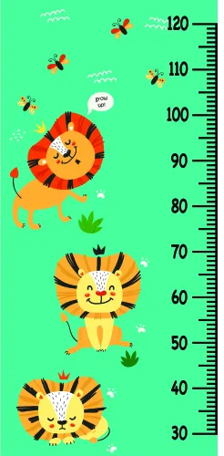 A height chart with three illustrated lions stacked vertically, each with a friendly expression, marked with a measurement scale from 30 to 120 centimetres against a mint green background.