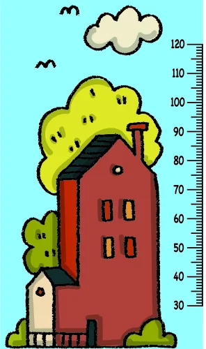 A stylised red house with a large yellow tree canopy against a light blue sky, with a height measurement scale running down the right side and a small white birdhouse at ground level.