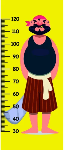 A brightly coloured illustrated character with a large round body, standing against a yellow background with height measurement markings from 30 to 120 centimetres.