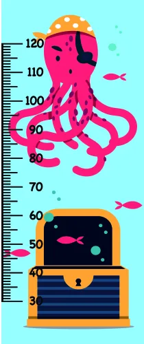 A vertical height chart illustrated with a large pink octopus in the upper section, small pink fish, and a striped orange-and-black treasure chest in the lower section against a light blue background.