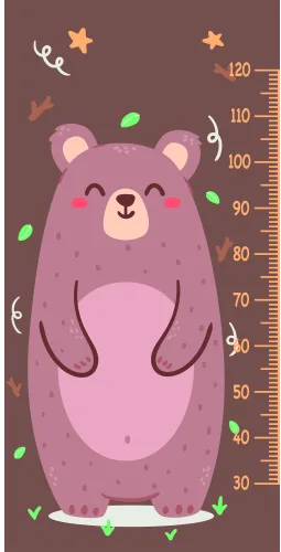 A soft purple bear with a gentle smile stands upright with measurement markings from 30 to 120 centimetres, surrounded by falling leaves, stars, and small green accents on a warm brown background.