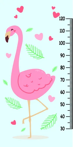 A pink illustrated flamingo stands among green palm fronds and pink hearts on a light blue background with a height measurement scale.