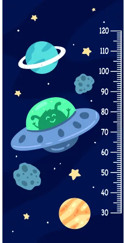 A height measurement chart featuring a blue planet with rings, a cyan ringed planet, asteroids, a sun, and yellow stars on a dark blue background with a measurement scale on the right side.