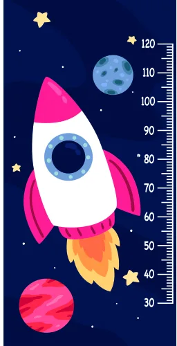 A bright magenta and white rocket ship with a blue window blasts upward through a dark blue starry sky, surrounded by colourful planets and stars, with a height measurement scale running down the right side from 30 to 120 centimetres.