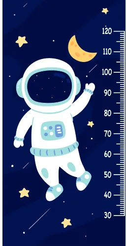 A white cartoon astronaut with a round helmet waves while floating in a dark blue starry space, with a yellow crescent moon and gold stars surrounding it, alongside a measurement scale from 30 to 120 centimetres.