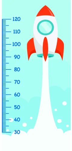 A bright red and teal rocket with circular window launches vertically beside a numbered height measurement scale from 30 to 120 centimetres on a pale blue background.