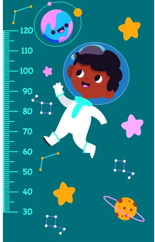 A colourful illustration of a smiling child astronaut in a white spacesuit floating among planets, stars and constellations against a teal background with a measurement scale from 30 to 120 centimetres along the left edge.