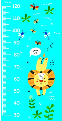 A cheerful illustrated lion with a smiling face stands centred on a turquoise height chart marked from 30 to 120 centimetres, surrounded by colourful butterflies, dragonflies, small insects and green botanical elements.