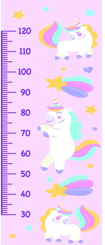 A vertical height chart with measurements from 30 to 120 centimetres, decorated with four illustrated unicorns with rainbow manes, yellow stars, and pastel-coloured cloud and heart shapes on a pink background.