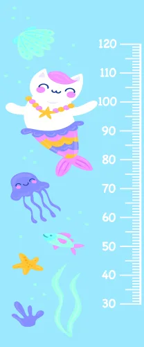 A cheerful illustrated height chart featuring a smiling child in colourful clothing surrounded by underwater creatures including jellyfish, starfish and fish against a light blue background with measurement markings from 40 to 120 centimetres.