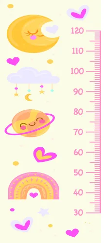 A vertical height chart from 30 to 120cm decorated with a sleeping yellow moon, floating stars, a smiling planet with pink rings, a rainbow, and scattered hearts and dots in yellow and pink.