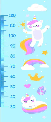 Pastel-coloured height chart illustration showing a smiling unicorn surrounded by rainbows, clouds, stars and a crown against a light blue background with measurements from 30 to 120 centimetres.