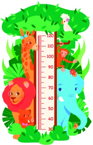 A height chart decorated with a giraffe, lion, elephant and monkey among tropical foliage, with measurement markings from 40 to 110 centimetres.