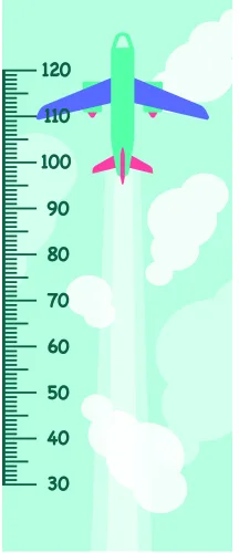 A minimalist illustration of a green and pink aeroplane flying upwards against a mint green background with white clouds and a height measurement scale marked from 30 to 120.