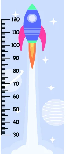 A colourful cartoon rocket ship with a blue nose cone and pink fins blasts upward against a light blue background with white stars and planets, next to a numbered height measurement scale from 30 to 120.
