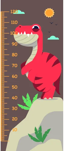 A pink dinosaur with stripes stands beside a height measurement scale marked in centimetres, with sun, clouds and plants in a brown and grey landscape.