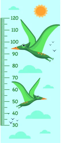 A height chart showing two green pterodactyls in flight against a light blue background with clouds, with a numbered measurement scale running vertically from 30 to 120 centimetres.