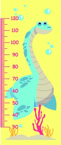 A cheerful turquoise sea serpent with a smiling face stretches vertically against a bright yellow background, with measurement markings from 40 to 120 centimetres along its body, surrounded by bubbles and colourful pink coral at the base.