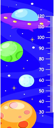 A vertical height chart featuring four colourful planets of varying sizes against a deep blue starry background, with measurement markings from 50 to 120 centimetres along the right edge.