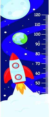 A red and yellow cartoon rocket ship launches upward past a glowing moon, surrounded by white stars and planets against a deep blue starry sky, with a measurement scale from 40 to 120 centimetres running down the right side.