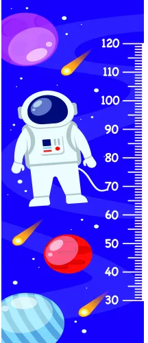 A cartoon astronaut in a white spacesuit stands on a height measurement chart surrounded by blue and purple planets, yellow comets, and white stars against a deep blue background.