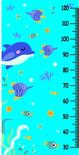 A cartoon underwater scene featuring a large purple whale, smaller striped fish, coral, bubbles, and a measurement ruler marking heights from 30 to 120 centimetres against a bright teal background.