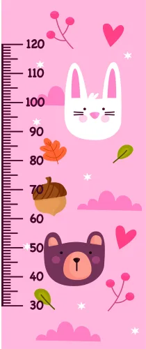 A pink height chart featuring a white bunny with a smiling face and a peach-coloured bear, decorated with hearts, flowers, clouds and small botanical elements along a numbered measurement scale from 30 to 120.