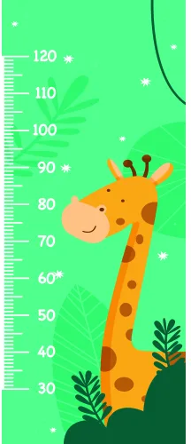An illustrated orange giraffe with brown spots stands beside a height measurement scale marked from 30 to 120 centimetres, set against a bright green background with small plants and stars.