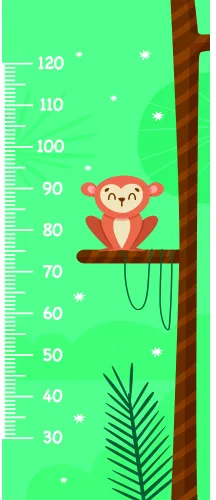 A cartoon monkey with a wide grin sits on a brown branch against a bright green background, with a height measurement scale marked from 30 to 120 centimetres running down the left side.