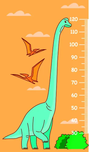 Illustration of a turquoise long-necked dinosaur standing upright next to a height measurement scale, with orange flying pterosaurs and clouds above and green bushes below.