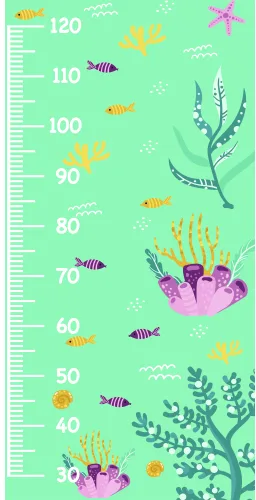 A pastel green growth chart featuring colourful striped fish, coral, seaweed and kelp arranged around a numbered measurement scale from 0 to 120 centimetres.
