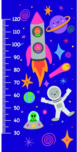 A colourful illustrated height chart on a bright blue background featuring a pink and orange rocket ship, a smiling astronaut in a spacesuit, planets, stars, and space-themed characters arranged vertically with measurement increments from 30 to 120 centimetres.