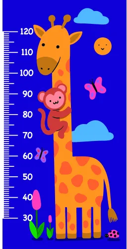 A cartoon giraffe with orange spots holds a pink monkey on its neck, with measurement markings from 30 to 120 centimetres running along its body against a bright blue background with clouds and plants.