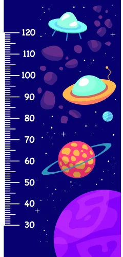 A height measurement chart showing colourful UFOs and planets against a deep blue starry background, with a numbered scale from 30 to 120 centimetres running vertically along the left side.